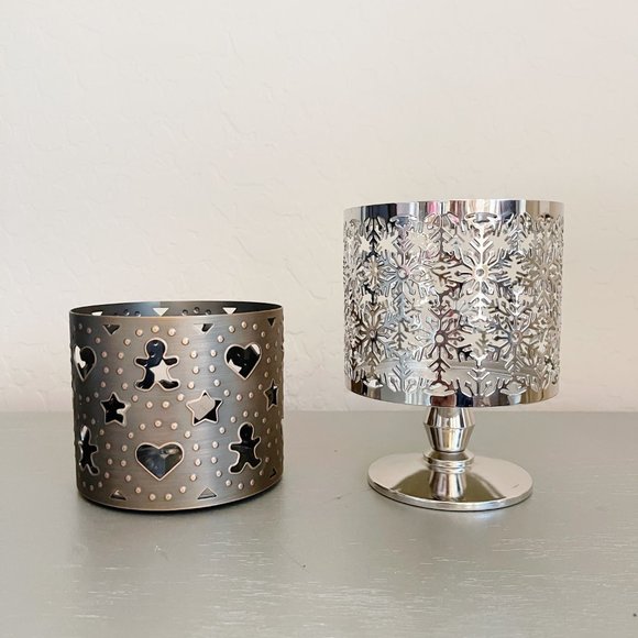 Metal 3 Wick Candle Holders Winter Snowflake Christmas Bath & Body Works Set 2 - Picture 1 of 6